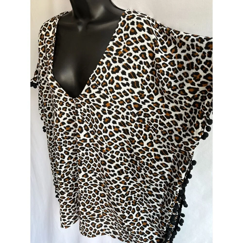 Xhilaration Leopard Cheetah Pom Pom Trim Kaftan Swim Cover Batwing Sleeve Size M